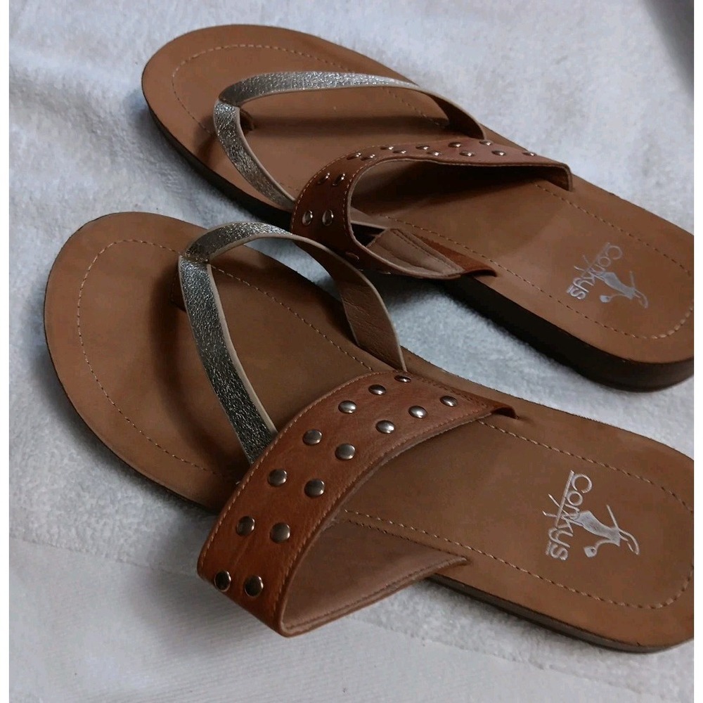 Corkys Footwear Women Good Luck Sandal Shoe Logo Brown Gold Rivets  Sz 10 EUC